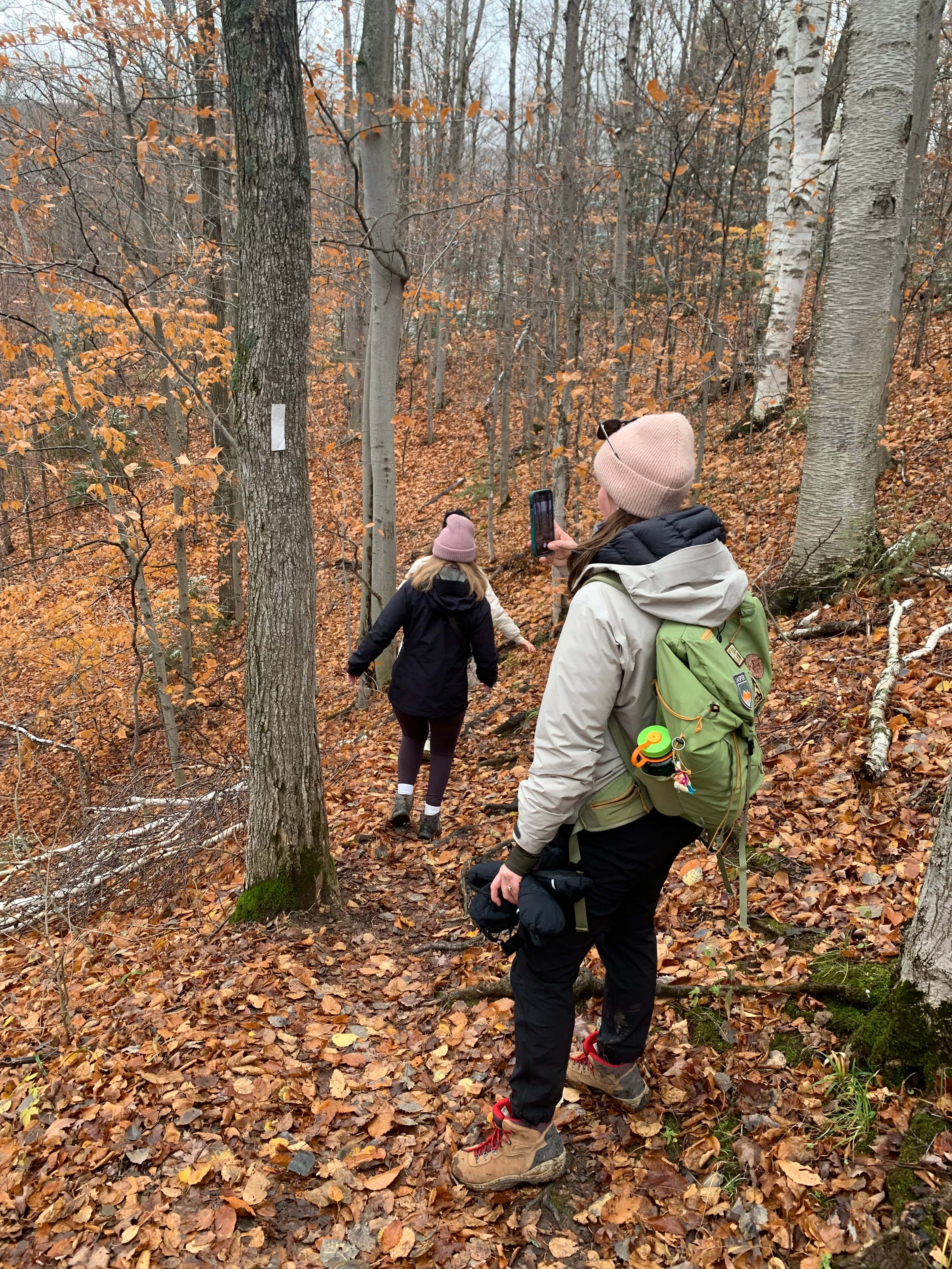 Group of friends hiking down the Pretty River trails on an afternoon in late fall.