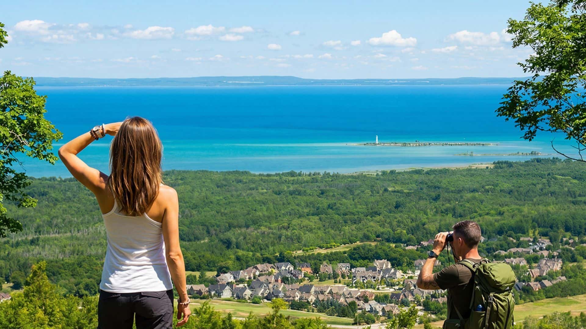 A photo of two individuals hiking on the escarpment.