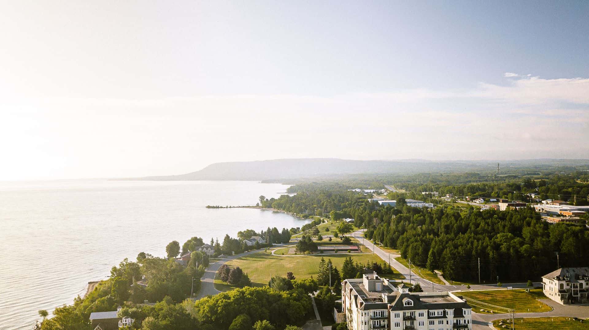 A scenic drone shot of the Meaford waterfront.