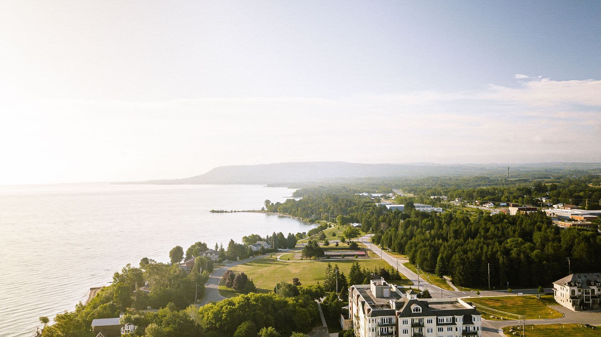 A scenic drone shot of the Meaford waterfront.